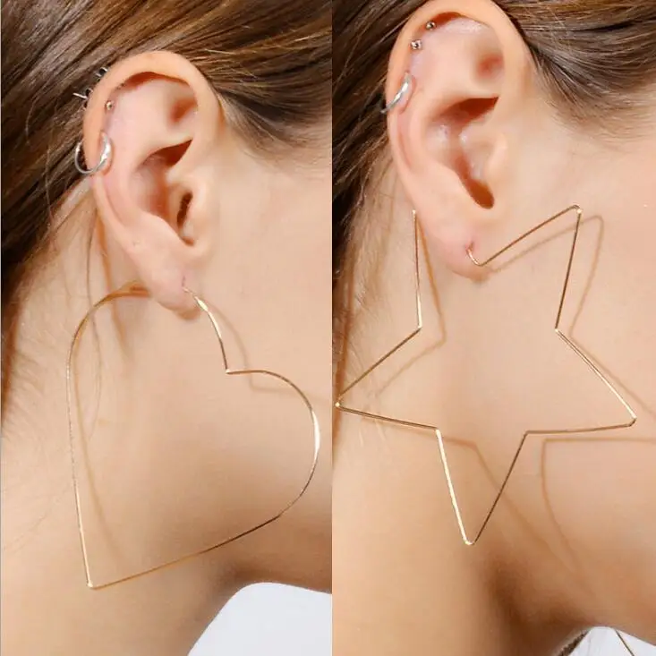

1 pair Big Hollow out Heart star Hoop earrings for woman openwork metal star heart shape circle earring jewelry gift