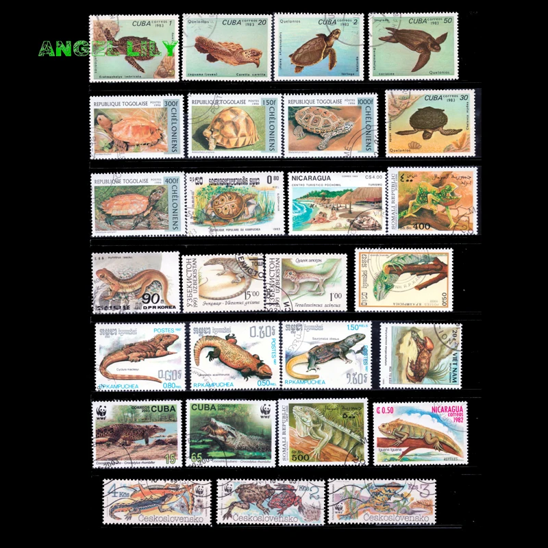 100 PCS All Different Reptiles Unused Postage Stamps With Post Mark For Collection