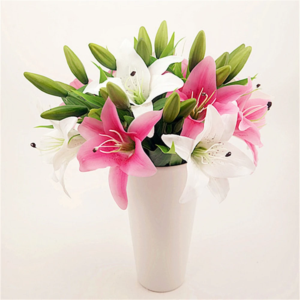 

Artificial Flowers 1 Bunch 1 flower + 2 Head bud Pvc Perfume Lily Fresh Floace Desk Wedding Floral Home decoration