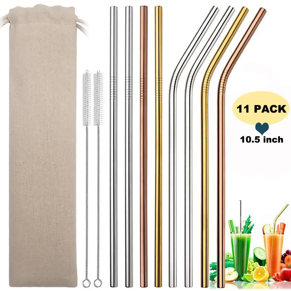 

11Pcs Reusable Straight Bending Stainless Steel Straws Set with Cleaning Brush