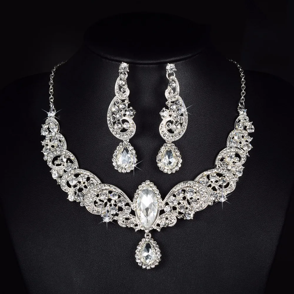silver plated princess jewelry sets austria crystal round necklace earrings dangle women water drop figure design AAA jewels D021 (5)