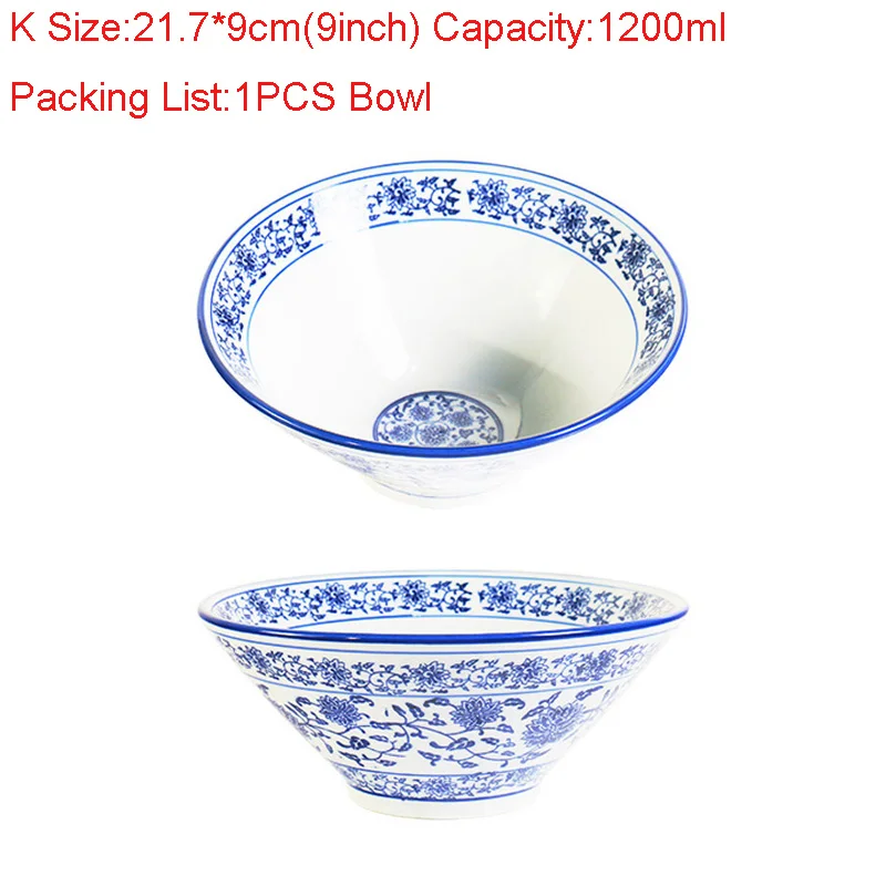 Винтажная Керамическая Сине-белая фарфоровая чаша, высокая емкость, миска для супа, лапши, фруктовый салат, большие миски, посуда для ресторана и кухни - Цвет: K