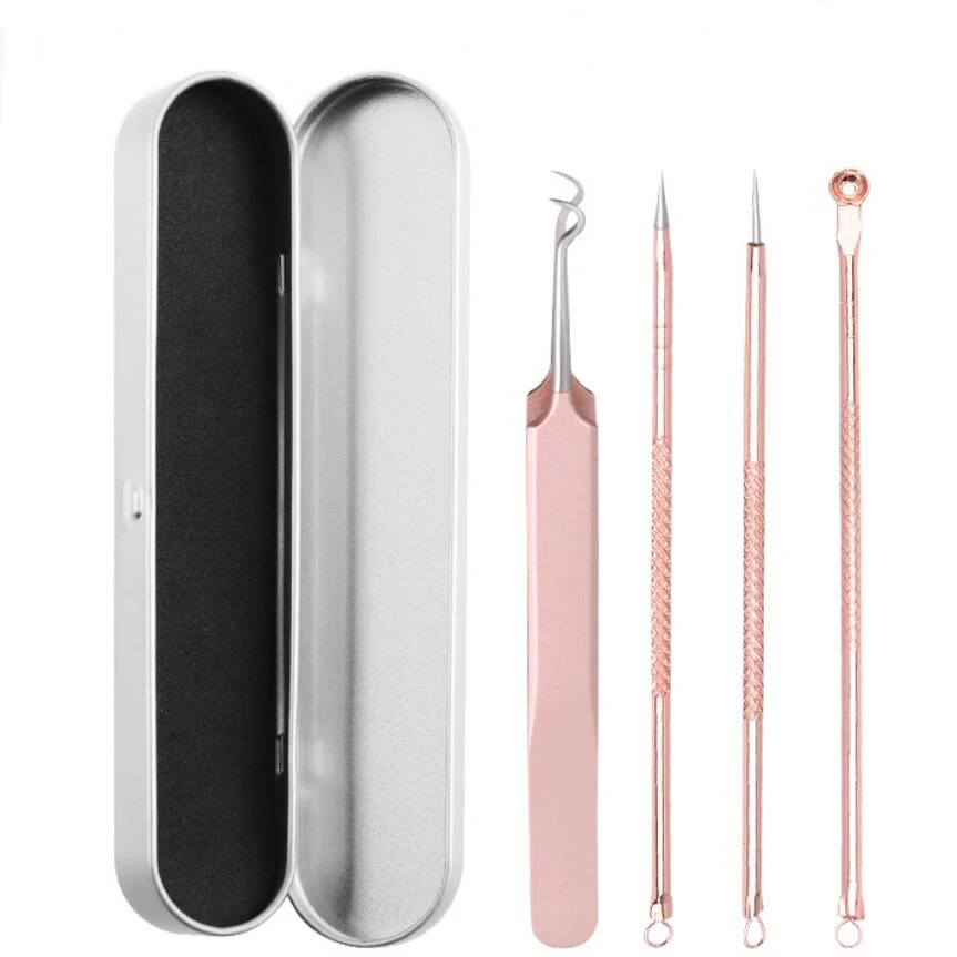 

4Pcs/Box Blackhead Extractor Tool Set Stainless Needle Pink Pimple Tweezers Blackhead Double-end Comedone Extractor D50