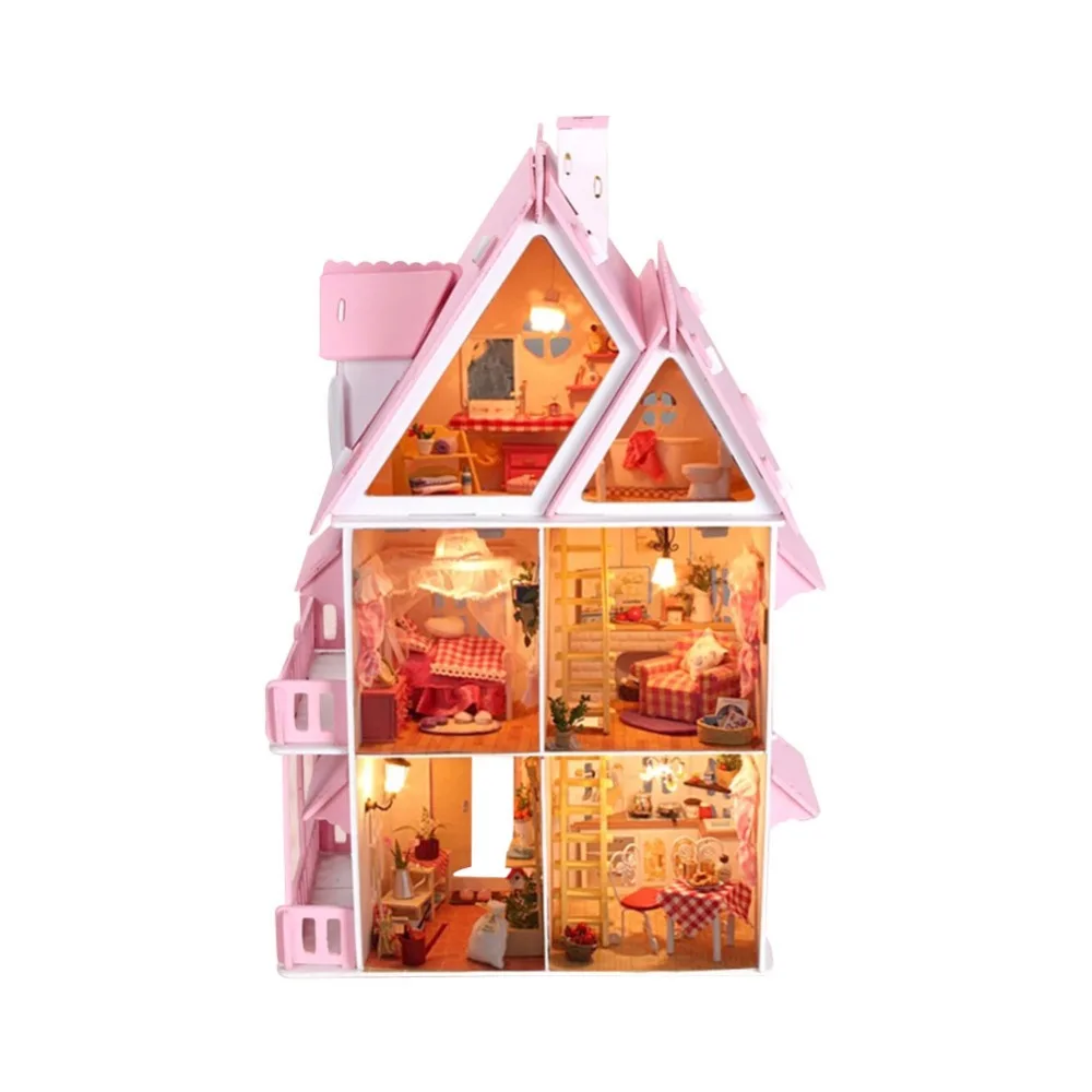  Wooden Dollhouse Fashion Pink DollHouse Furniture Girls Toy DIY Home Toys for Children LED Light Ca - 32902284022