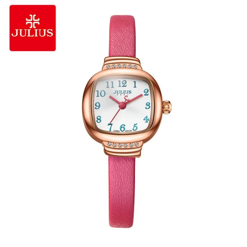

JULIUS Small Dial Work Brand Casual Watch Dress Leather Strap Red Rose Gold Square Quartz Watches Ultra Thin Womens Watch C1