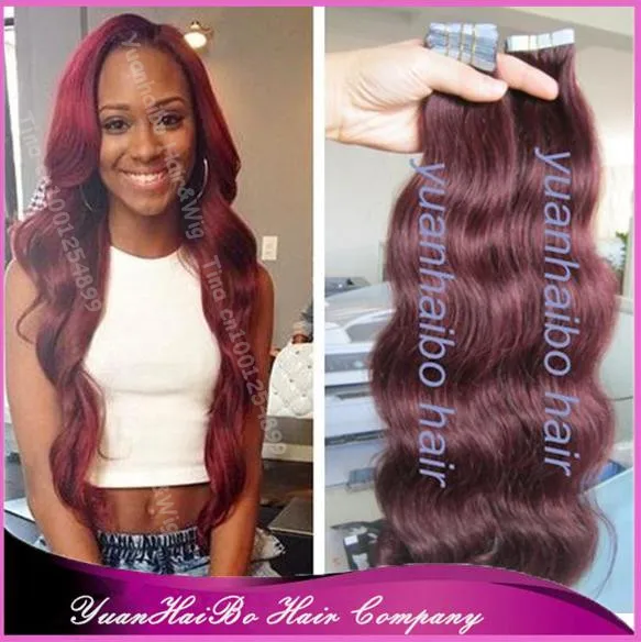

Top Selling! #99j burgundy body wave virgin peruvian double side tape hair extensions, 300gram, free shipping