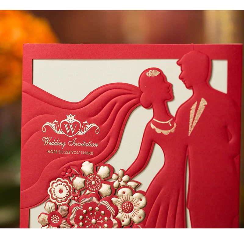 1 шт. красная Золотая лазерная резка свадебные пригласительные открытки Жених и невеста элегантная поздравительная открытка с конвертами украшения для свадебной вечеринки
