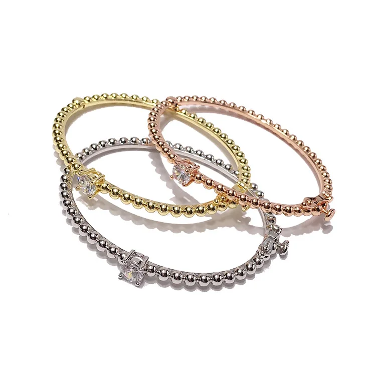 

Copper polished face set with single rhinestone beads buckle bracelet for women holiday gifts in three colors