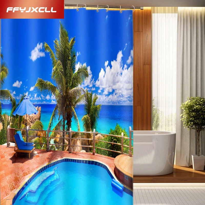 

2017 Villa Swimming Pool Printing Polyester Shower Curtain Waterproof Mildew Home Bathroom Curtain Custom Made Szie
