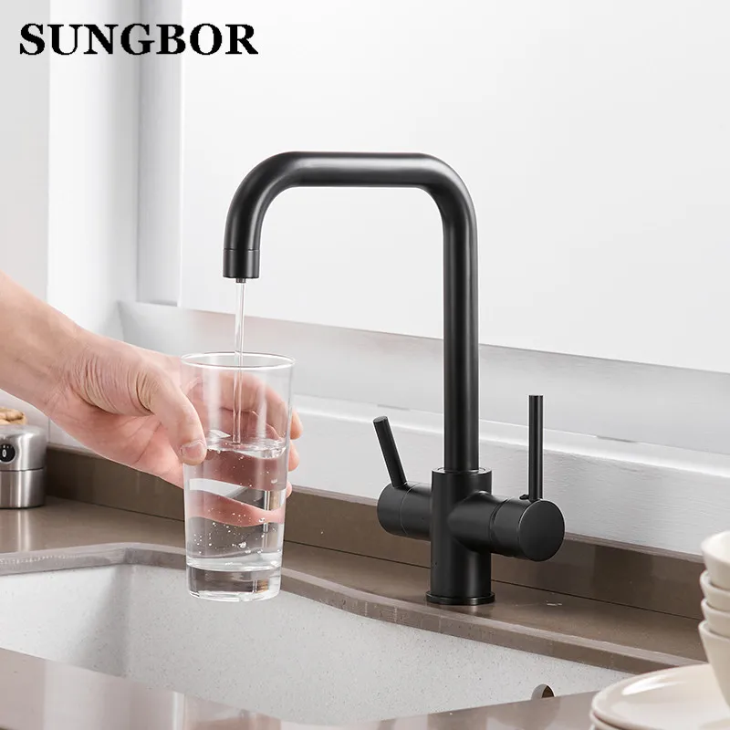 Purifier Kitchen Faucet with Filtered Water Dual Handle Drinking Water Tap,Cold and Hot Mixer Sink Faucet Black Copper CF-0187H