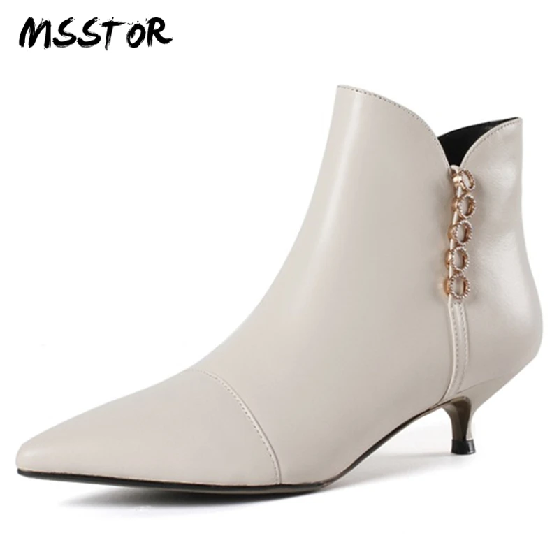 

MSSTOR Off White Rivet Ankle Boots For Women Fashion Concise Plus Size 33-43 High Heels Pointed Toe Genuine Leather Winter Boots