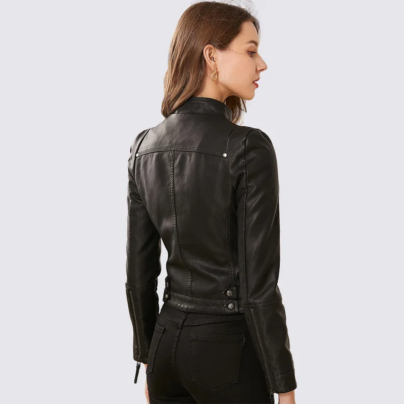 Fashion Solid Women Faux Leather Jacket Turn-down Collar Slim Jackets and Coats Office Lady Motorcycle Overcoat