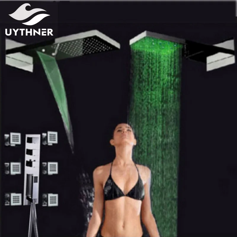 

Uythner Modern LED Color Changing Waterfall 22" Rain Shower Head Thermostatic Valve Mixer Tap