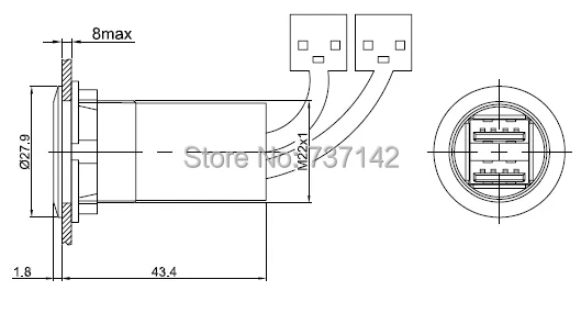 22 мм Монтажный диаметр металл 2x USB2.0 Женский A-MALE A 2x60 см проводка