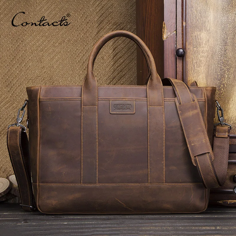 

CONTACT'S 2019 crazy horse cow leather men shoulder bag vintage handbag male big tote bag casual man travel bags high quality