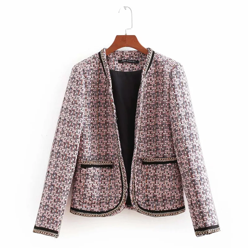 Spring and Autumn A Skinny Long-sleeved Coat with Soft Tweed Without Buckle. Pockets Tweed Women's Blazer Plaid Jacket Spring and Autumn A Skinny Long-sleeved Coat with Soft Tweed Without Buckle. Pockets Tweed Women's Blazer Plaid Jacket