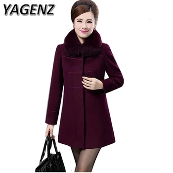 

YAGENZ2018 Winter Middle-aged luxury Fur Collar Woolen Jacket Loose Solid Women Medium Long Wool Overcoat Winter Warm Jacket 5XL