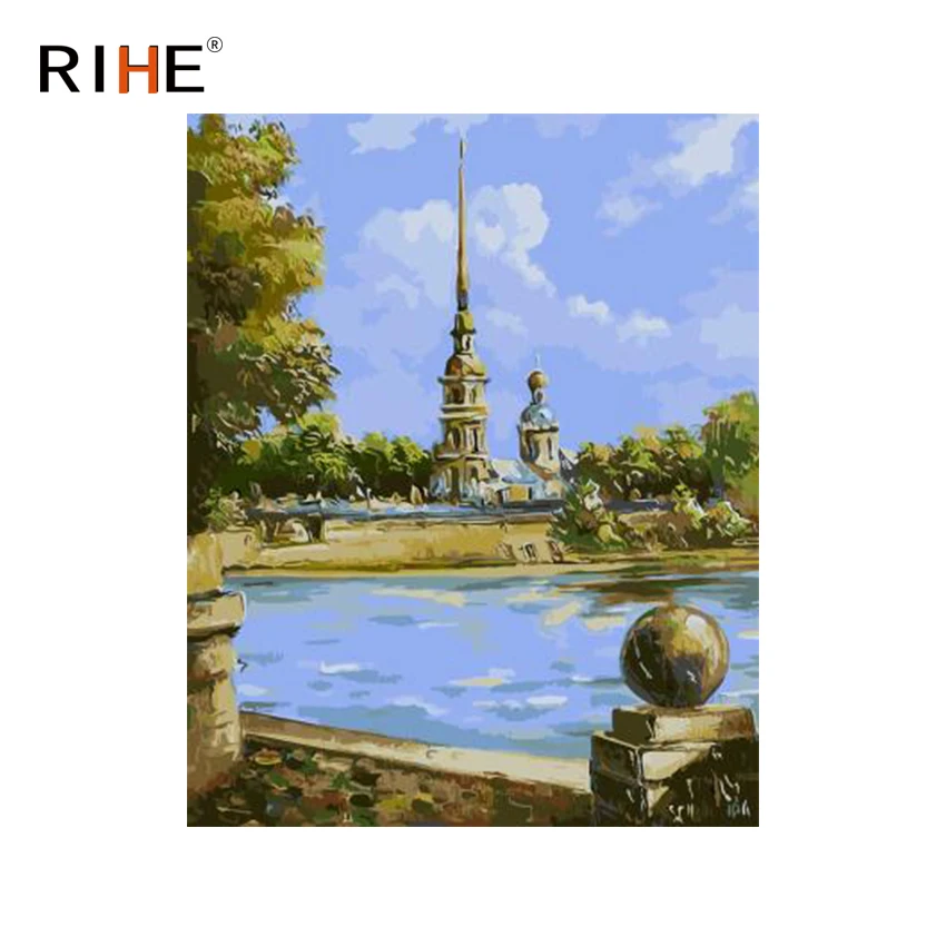 

RIHE Holy Tower Diy Painting By Numbers Abstract River Oil Painting On Canvas Cuadros Decoracion Acrylic Wall Picture For Room