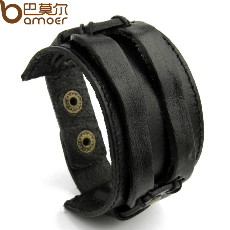 

BAMOER Real Leather Cuff Double Wide Bracelet and Rope Bangles Black for Men Fashion Man Bracelet Jewelry PI0296