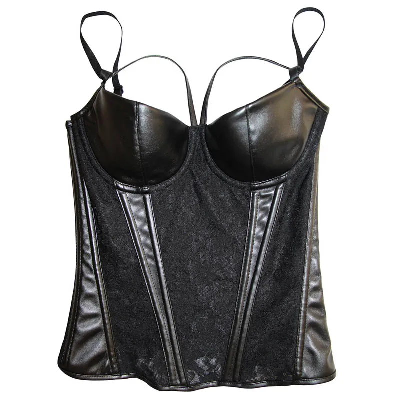 Gothic Womens Sheer Lace Vinyl Leather Overbust Corset Bustier Plus Size Black Spaghetti Strap Slim Waist Cincher Bodyshaper 3XL