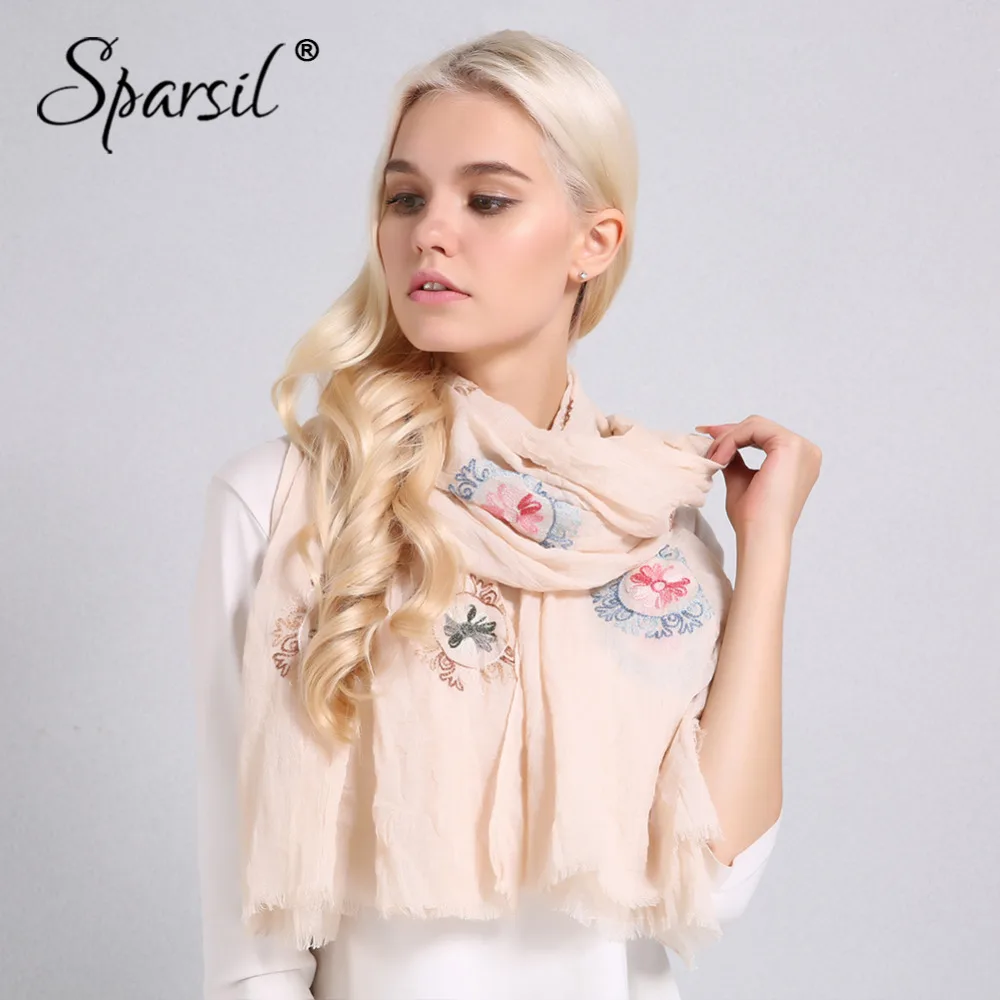 Sparsil женский хлопковый льняной шарф с принтом, цветочные вышитые шали, лето-осень, тонкая мягкая обертка 180x90, пашмины женские шарфы