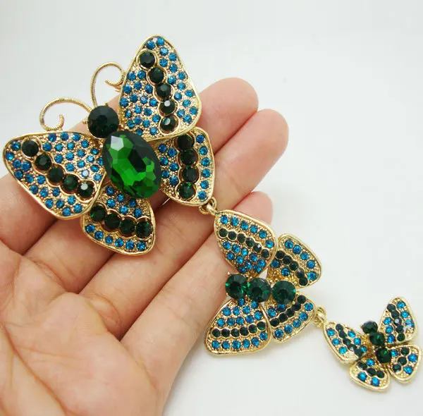 

Vintage 3 Butterfly Art Nouveau Pendant Brooch Pin Green Rhinestone Crystal