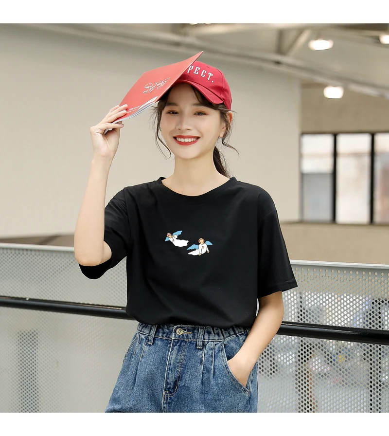 Kawaii Angel Print Women T Shirt Casual Funny Cute Tops Streetwear Hipster Tumblr Female Harajuku Cotton T-Shirts Camiseta Mujer (4)