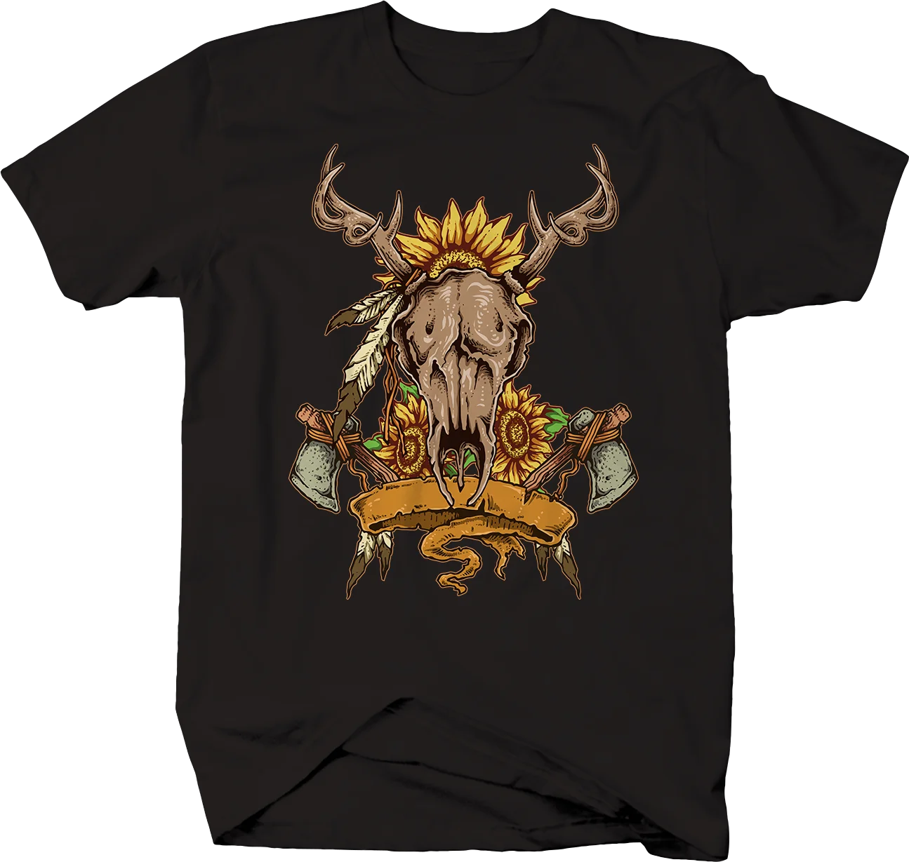 

Deer Skull with Feathers Tomahawk & Sunflowers Native Nature Tshirt