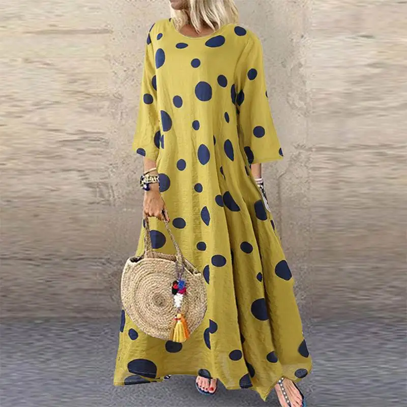 

2019 Plus Size Summer Women Dress Polka Dot Printed Party Sundress Casual 3/4 Sleeve Cotton Long Maxi Vestidos Female Tunic Robe