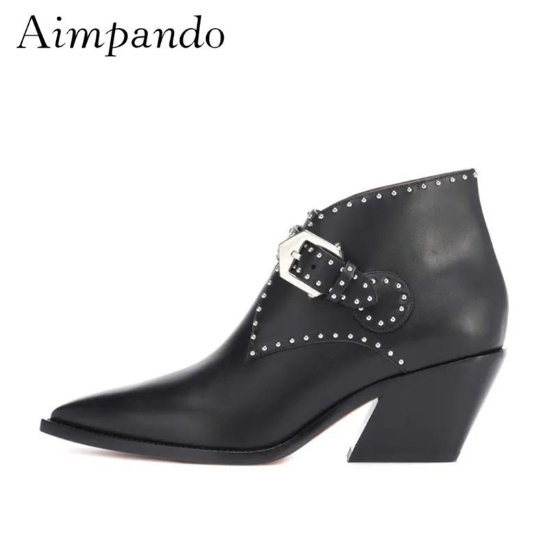 

2019 New Chic British Syle Rivet Ankle Boots Woman Pointed Toe Thick Heel Buckle Strap Metal Decor Martin Boots Women Boots