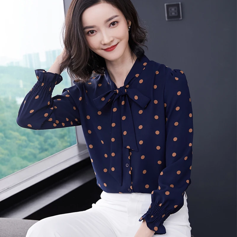  Wave point women chiffon shirt female long sleeve 2019 spring blouse new bow tie with temperament t