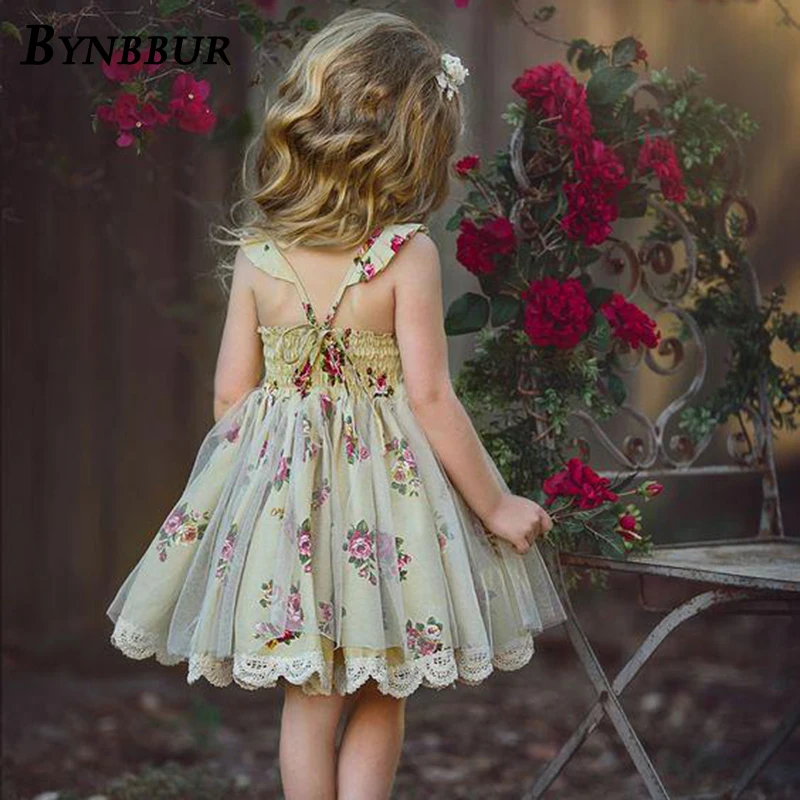 Bynbbur Mesh Lace Patchwork Floral Print Dress Girls Party Dress Sleeveless Cute Baby Backless Kid Girl Mini Dress 2019 Summer