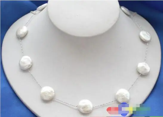 

Free shipping hot sale Women Bridal Wedding Jewelry >>18" 16mm COIN FRESHWATER WHITE PEARL SILVER NECKLACE