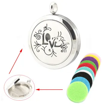 

10pcs 30mm Silver LOVE Stainless Steel Premium Aromatherapy Essential Oil Diffuser locket With chain and Pads