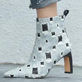 

Fashion Luxury Denim Ankle Boots Woman Pointed Toe Party Wedding Shoes Ladies Fall Winter New Short Boots High Heel Boots