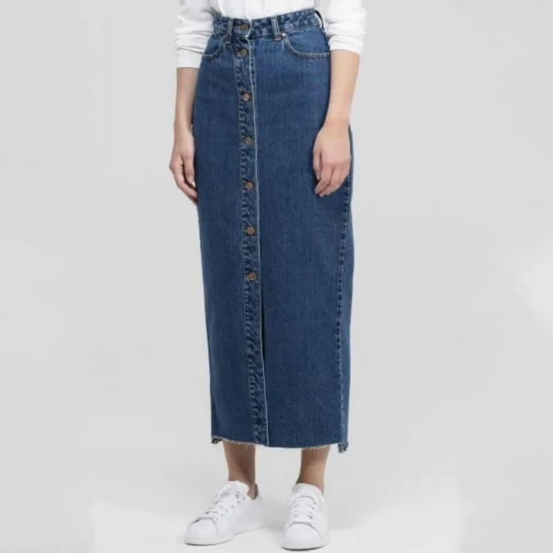 

New Fashion Women Denim Skirt Skinny Single Breasted Casual Ankle-Length Jeans Skirts Lady 2019 Autumn Long Streetwear Female