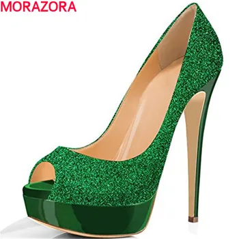 

MORAZORA 2018 new summer party women peep toe pumps high heels 15cm sexy glitter prom shoes big size 34-45