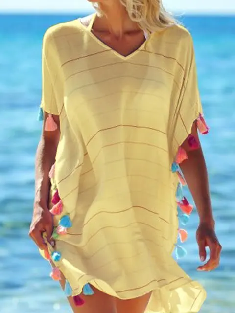 Цвет: желтый Summer V Neck Women Bath Suit Bikini Striped Swimwear Cover Up Beach Dress Sarong Wrap Pareo Sundress - Цвет: Цвет: желтый