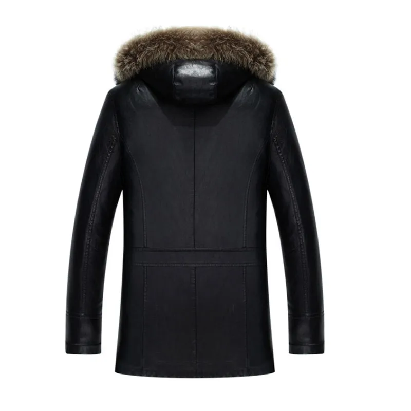 Новинка зимы, мужское меховое тонкое кожаное длинное пальто на молнии с пуговицами, Мужское пальто большого размера, куртка с капюшоном, размер M-4XL