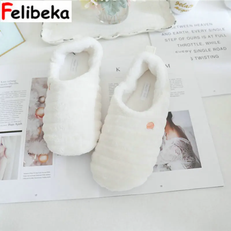 

FELIBEKA Winter comfortable cotton fluff simple warm thermal anti-slip bag and shoes household indoor cotton women slipers shoes