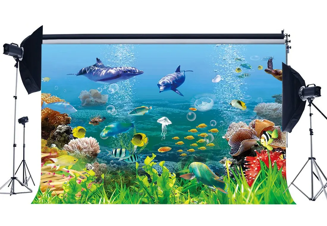 

Underwater World Backdrop 3D Aquarium Backdrops Fish Dolphin Turtle Under the Sea Photography Background