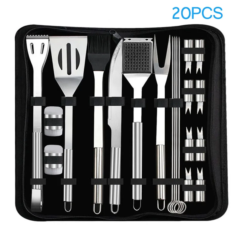 

20 Pcs Fashion Stainless Steel Barbecue Cooking Utensil Set BBQ Grill Tool Kit with Carry Bag for Picnic BBQ HY99 ST21