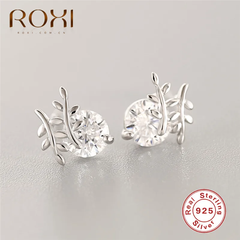 

ROXI Authentic 925 Sterling Silver Stud Earring Sweet Crystal Leaf Design Summer Earrings for Women Fashion Jewelry oorbellen
