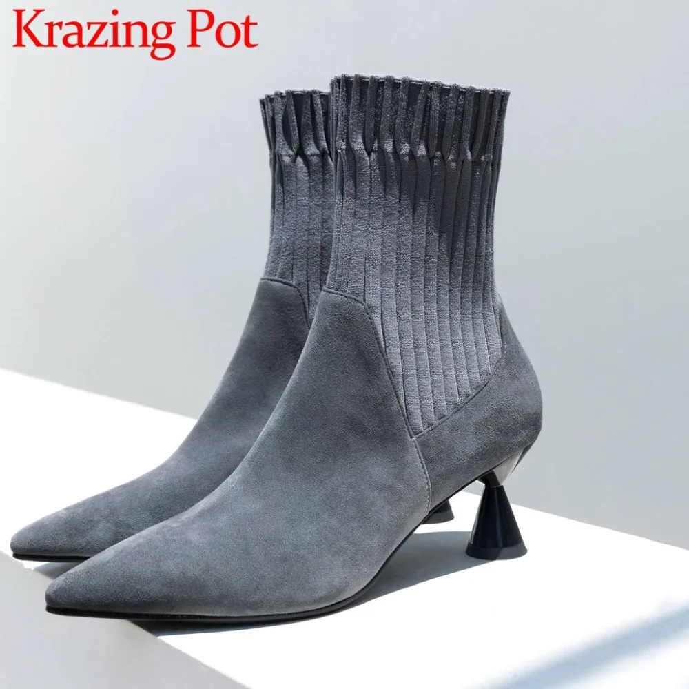 

2018 elegant lady runway fashion show oxford pointed toe high strange heels kid suede slip on knitting stretch mid-calf boot L39