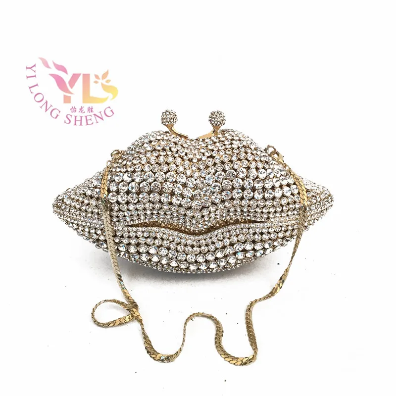

Gold Crystal Lip Purse Clutches Ladies High Level Rhinestone Evening Bag Women Shoulder Handbags Crossbody Bag YLS-HOW15