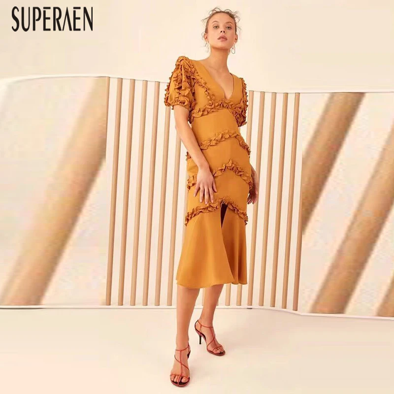 

SuperAen V-neck Fashion Women's Dress Solid Color Cotton Ladies Dress Summer New 2019 Short Sleeve Europe Women Clothing