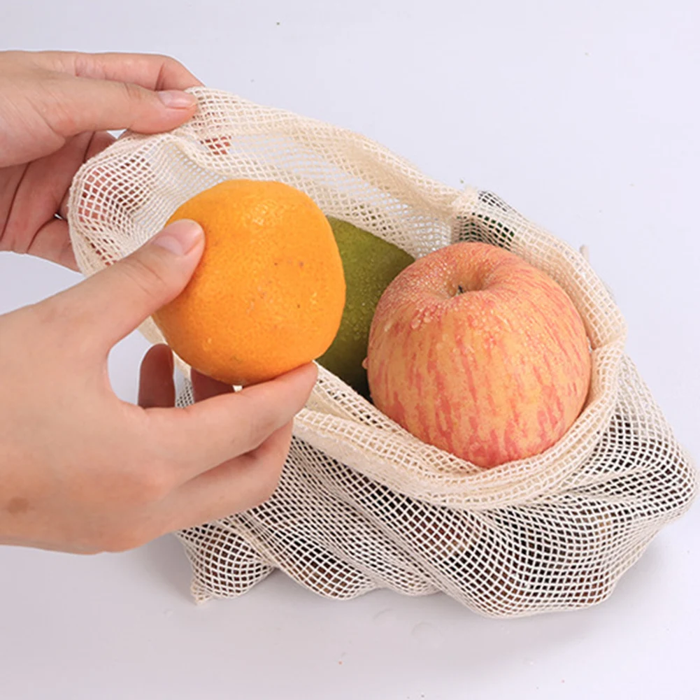 Portable Reusable Vegetable Mesh Shopping Bags Casual Solid Color Cotton Fruit Vegetable Drawstring Bag Grocery Bag Tote Eco Bag