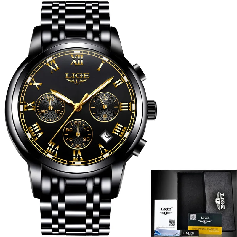 

New Watches Men Luxury Brand LIGE Chronograph Men Sports Watches Waterproof Full Steel Quartz Men's Watch Relogio Masculino+Box