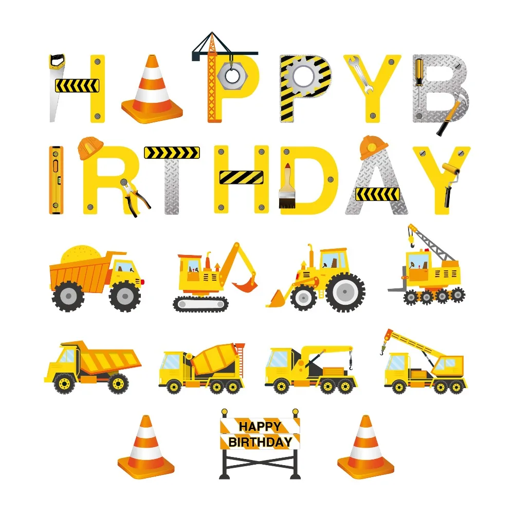 Cartoon Car Excavator Party Banners Construction Theme Happy Birthday Party Decoration Kid's Birthday Party Favor Supplies