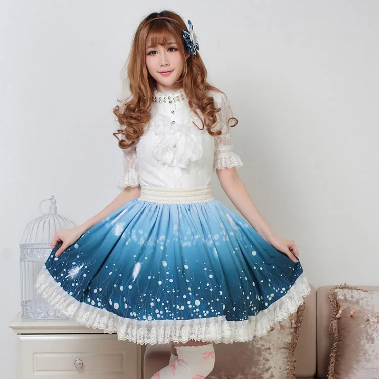 

Fairy tale lolita pleated lace knee length royal princess cosplay skirt sky blue star elf pixy print magic firefly skirts